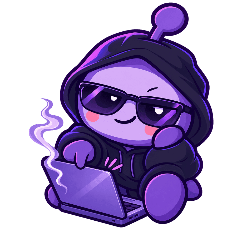 Hubi in a hoodie at a laptop