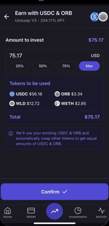 Amount to invest and tokens to be used